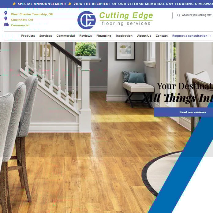 Homepage of Cutting Edge Flooring Services showing a bright, modern living room with natural wood flooring, staircase, and furniture; website navigation includes links to products, services, reviews, and consultation request.