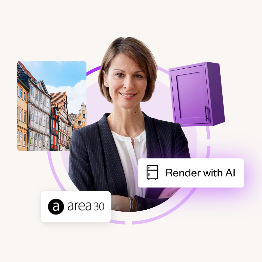 A woman stands beside a purple circle displaying the text "Render with AI"