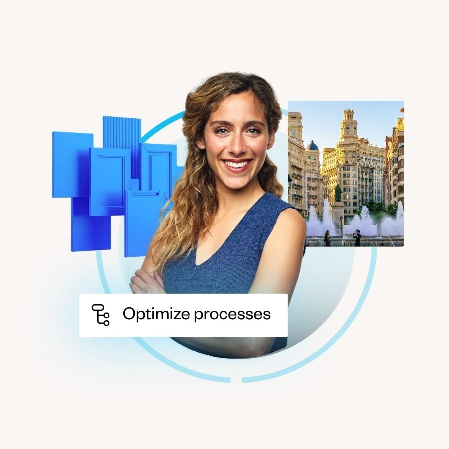 The woman next to blue cabinet doors and a Valencia square, with the label "Optimize processes"