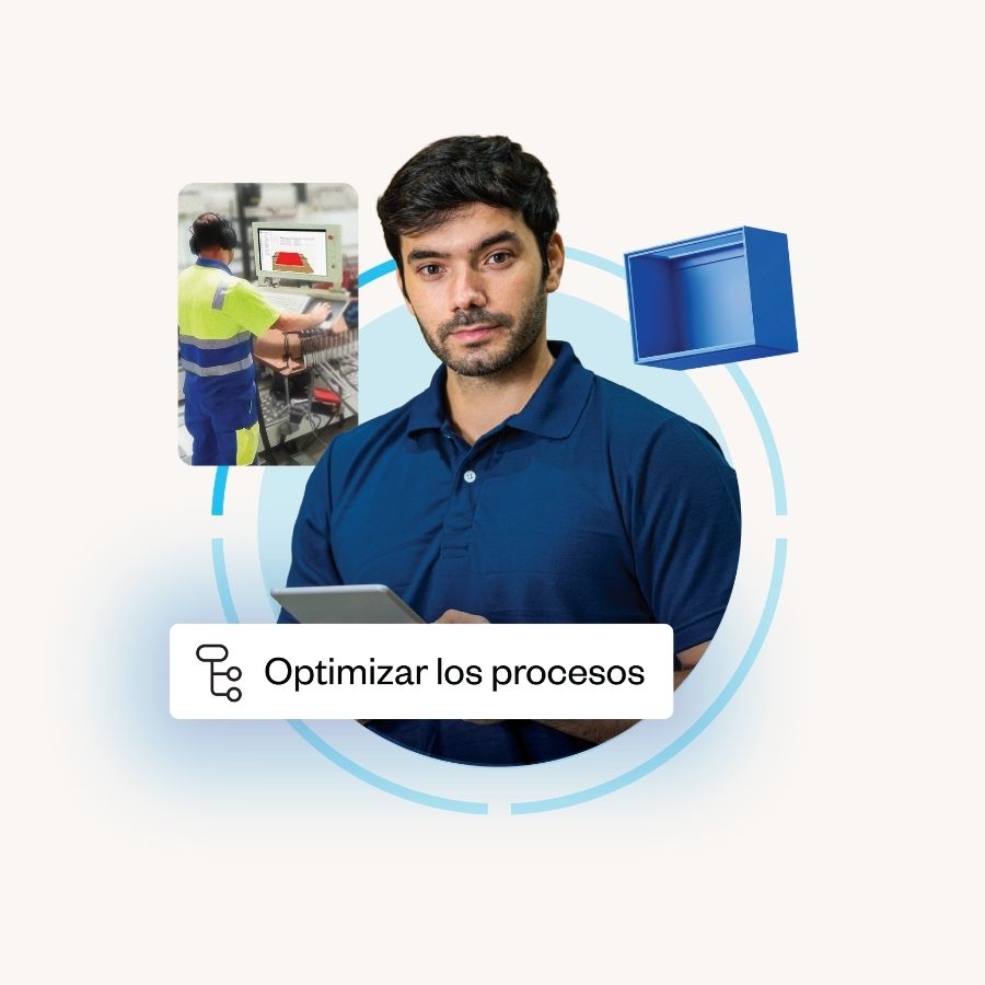Man holding a tablet next to a worker at a production machine, with the label "Optimizar los procesos"