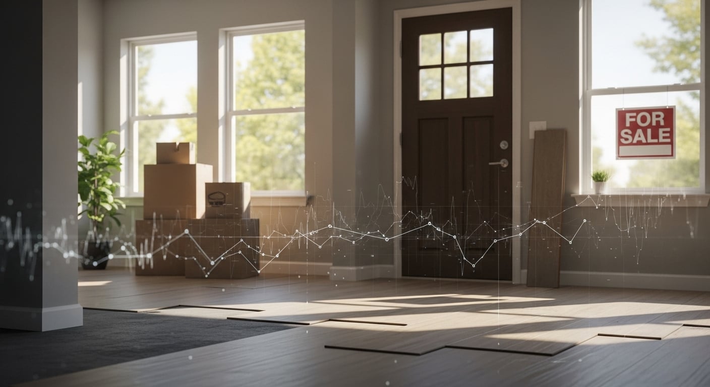 A room featuring a for sale sign and moving boxes