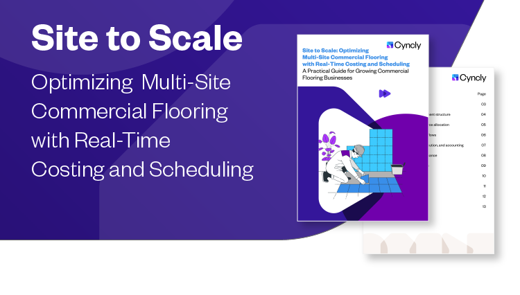 Banner promoting Cyncly’s Site to Scale playbook for multi-site commercial flooring, featuring title text and a cover image of a contractor laying tiles.