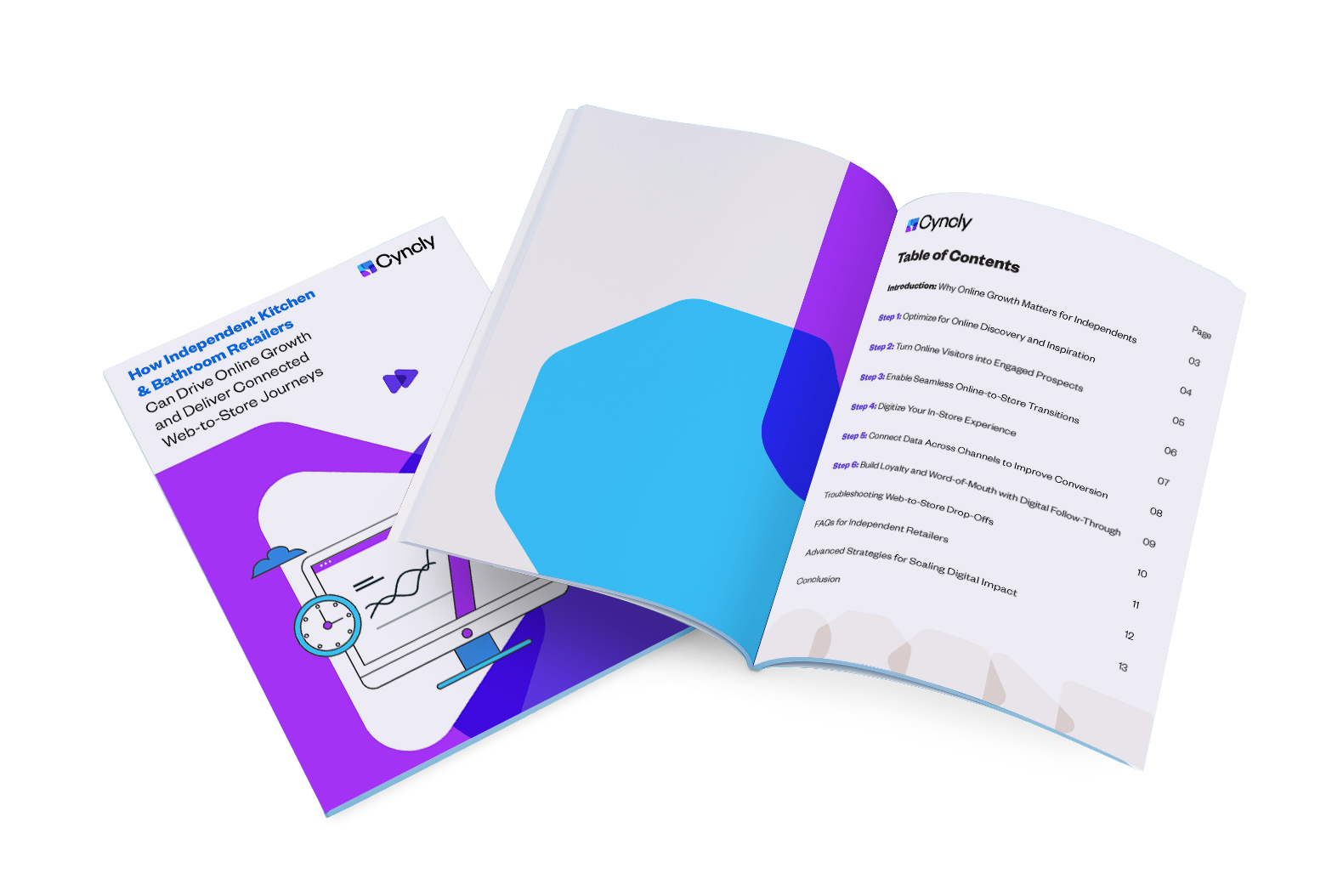 3D mockup of a Cyncly playbook titled "How Independent Kitchen & Bathroom Retailers Can Drive Online Growth and Deliver Connected Web-to-Store Journeys." The cover features a stylized illustration of a desktop screen with data charts and a clock. The open book shows a “Table of Contents” page listing strategic steps such as optimizing for discovery, converting visitors, enabling transitions, and scaling digital impact across 13 pages. The design features bold purple and blue geometric accents consistent with Cyncly branding.