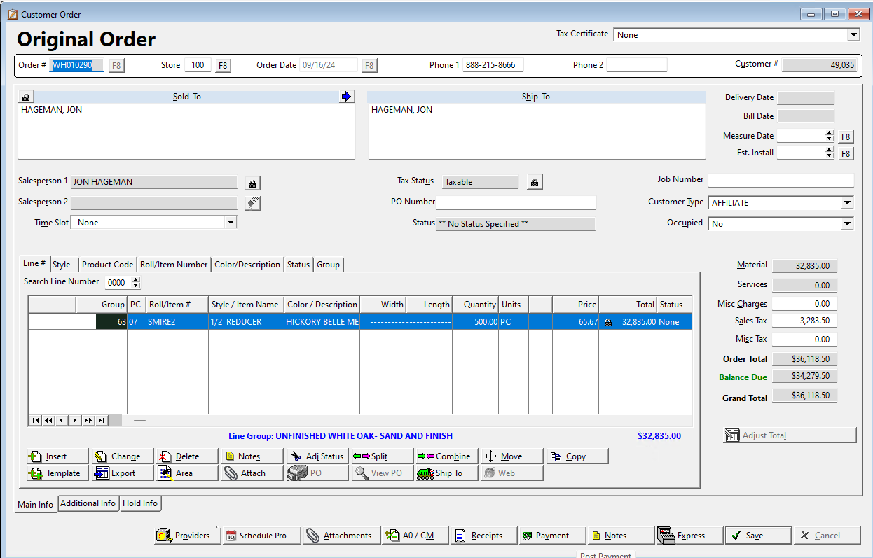RFMS payment screen displaying customer payment details, including invoice number, amount due, and available payment methods, with options for entering check, cash, or card details.