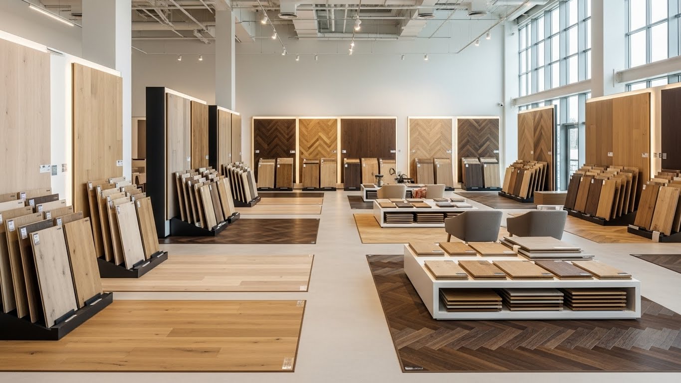 A retail space filled with different flooring materials