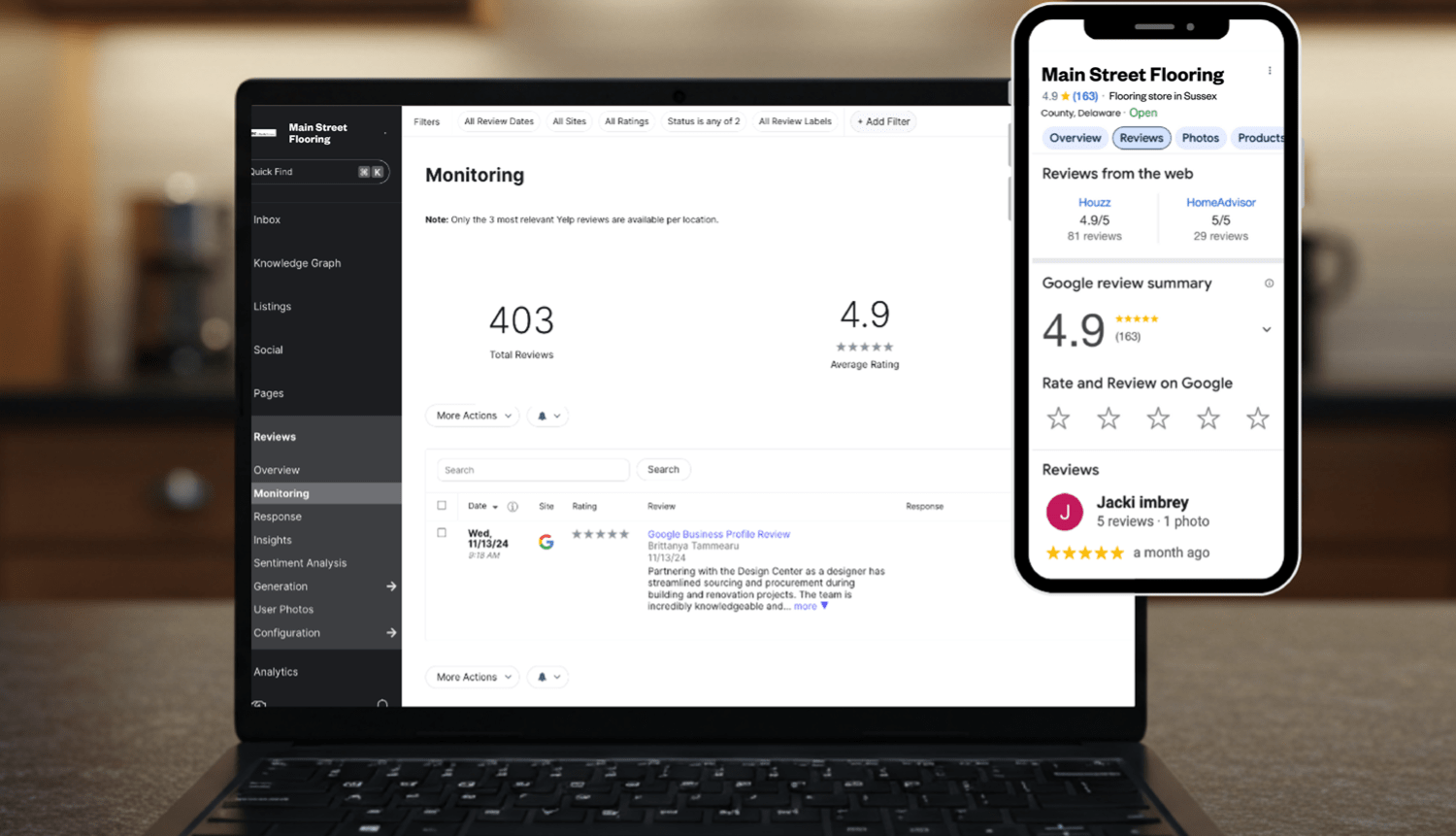 Laptop and smartphone screens showing a reputation monitoring dashboard and a Google review summary for a flooring retailer with high ratings
