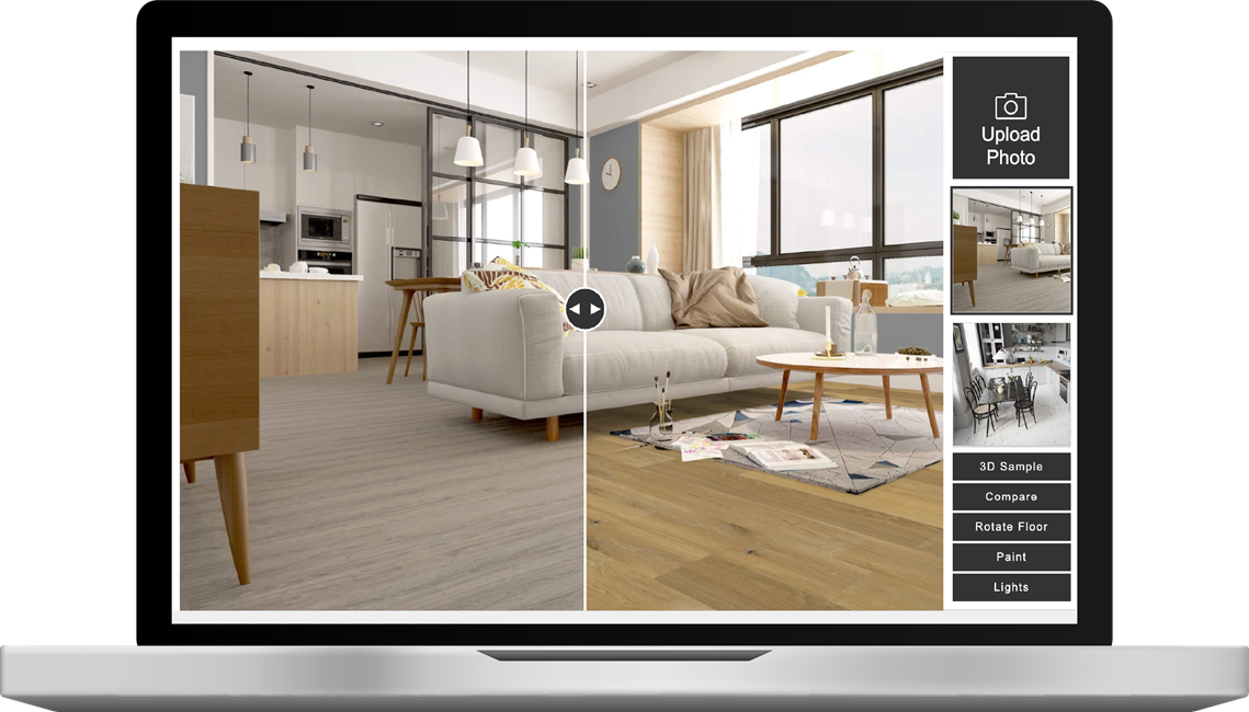 Laptop screen displaying a split-view room visualizer tool, comparing different flooring options in a digitally rendered living room with customization controls.