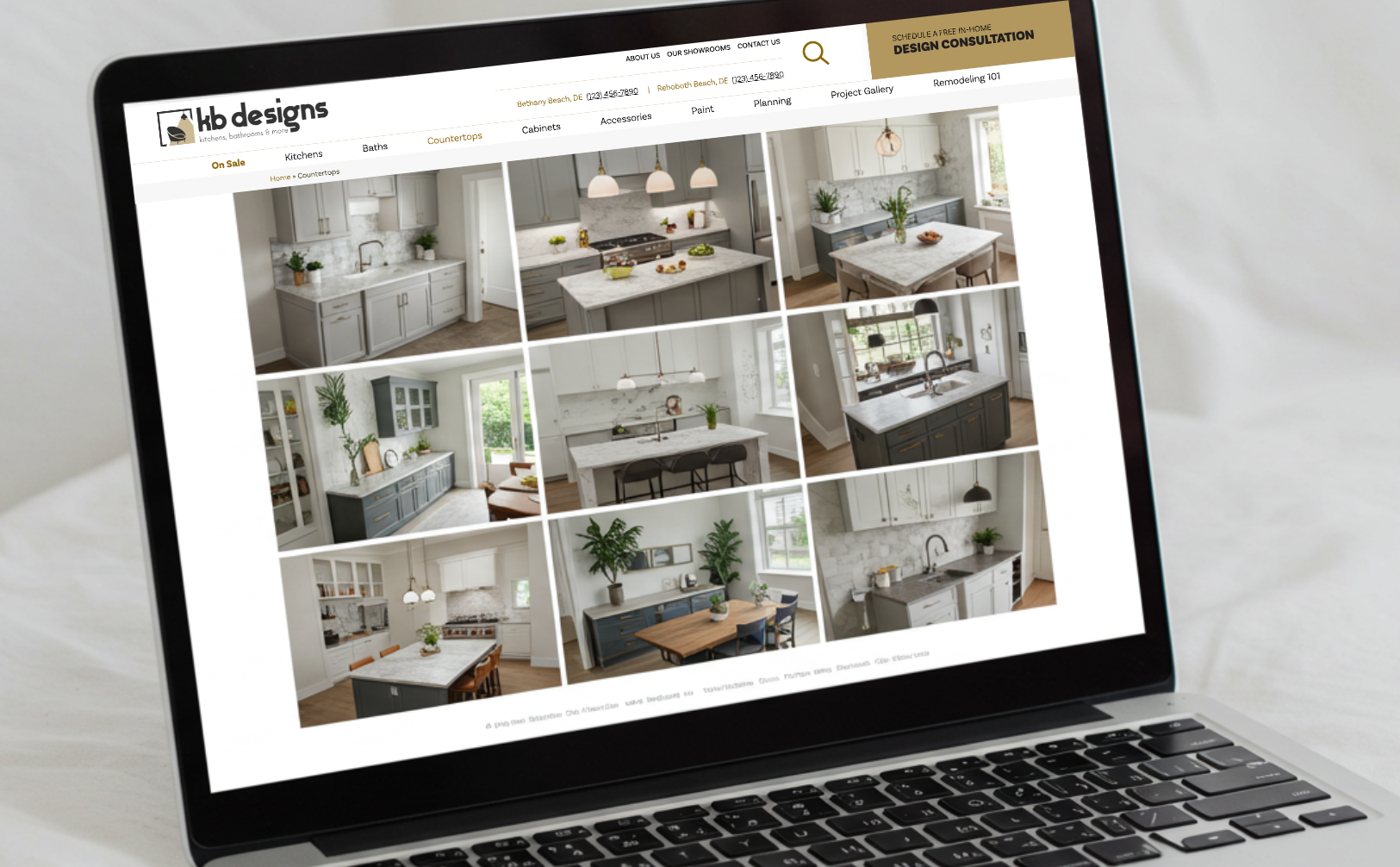 Laptop showcasing a project gallery with different kitchen remodels organized by project categories on the KB Designs website.