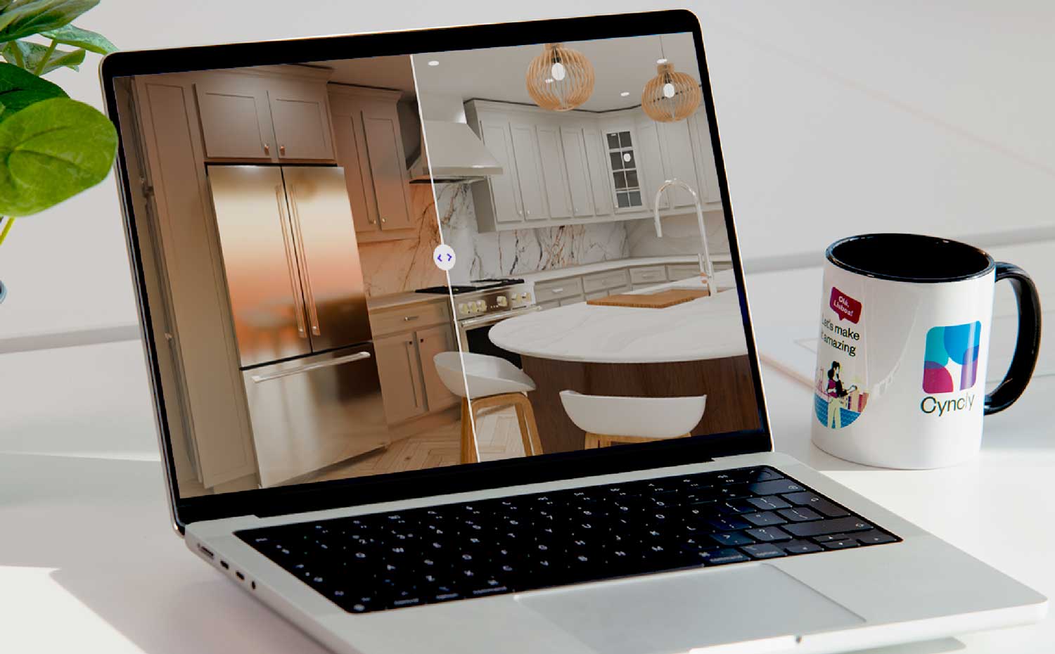 Side-by-side comparison of a Design Flex kitchen render using Cycles