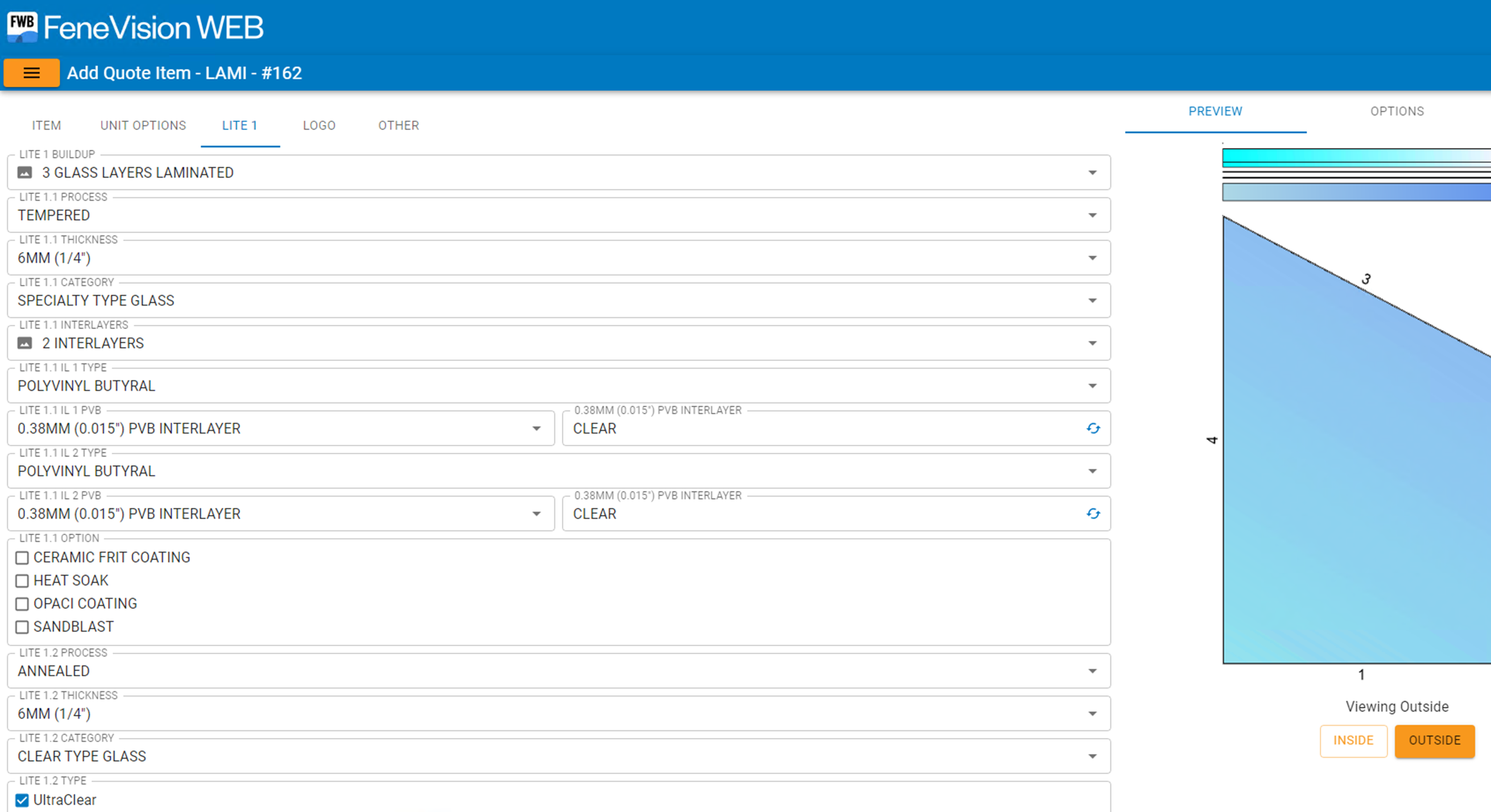 Screenshot of the FeneVision WEB interface for configuring window options, showing various glass, grid, and screen customization options with a preview of a three-pane window on the right.