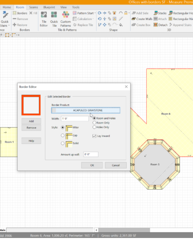 Here, users can input additional project details such as border patterns and other specific design elements. The border editor enables users to define styles, widths, and product choices for borders, adding further customization to the project.