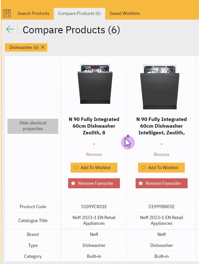 Product Navigator comparing multiple appliances side by side, with features like 'Add to Wishlist' and 'Remove Favorite' buttons under each item.