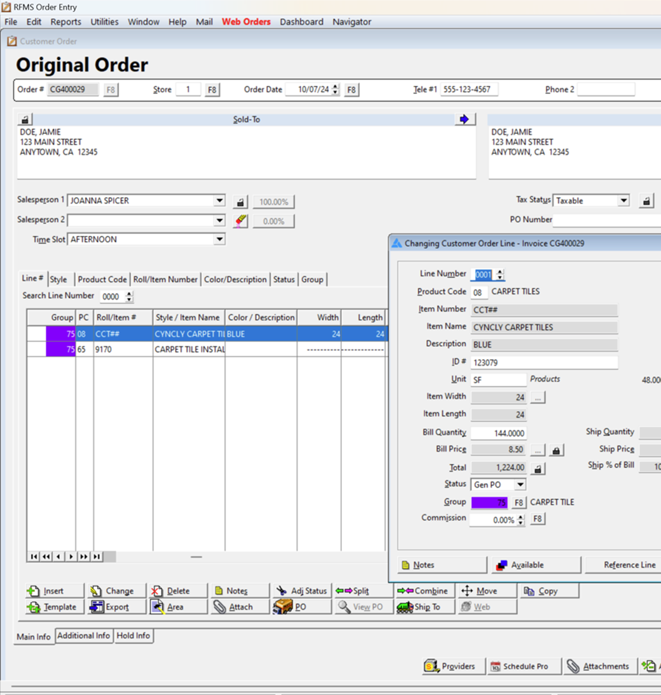 RFMS Quoting and Order Management module displaying an original order entry screen. Users can view and edit line items, including product details, quantities, and pricing, with assignment options for different job tasks and shipments.