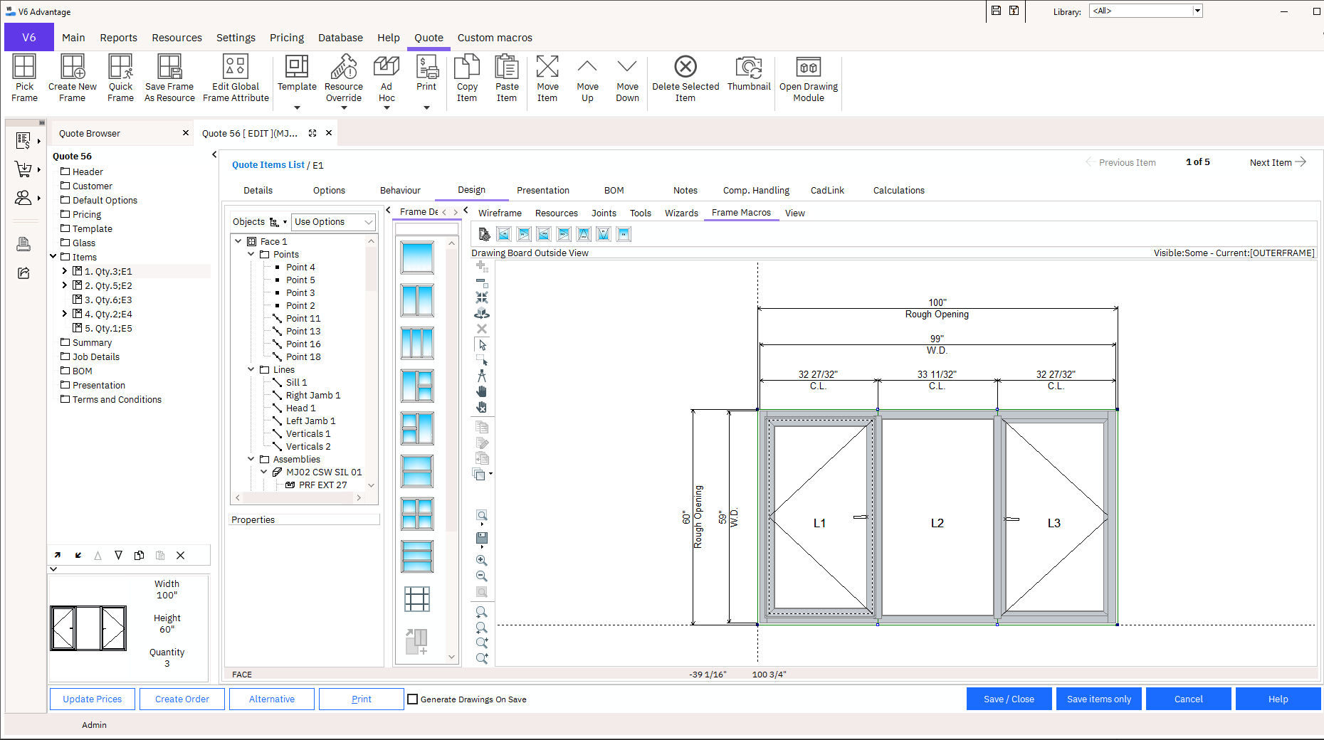 A screenshot of the V6 Advantage software interface, showing a detailed window design with precise measurements and component lists.