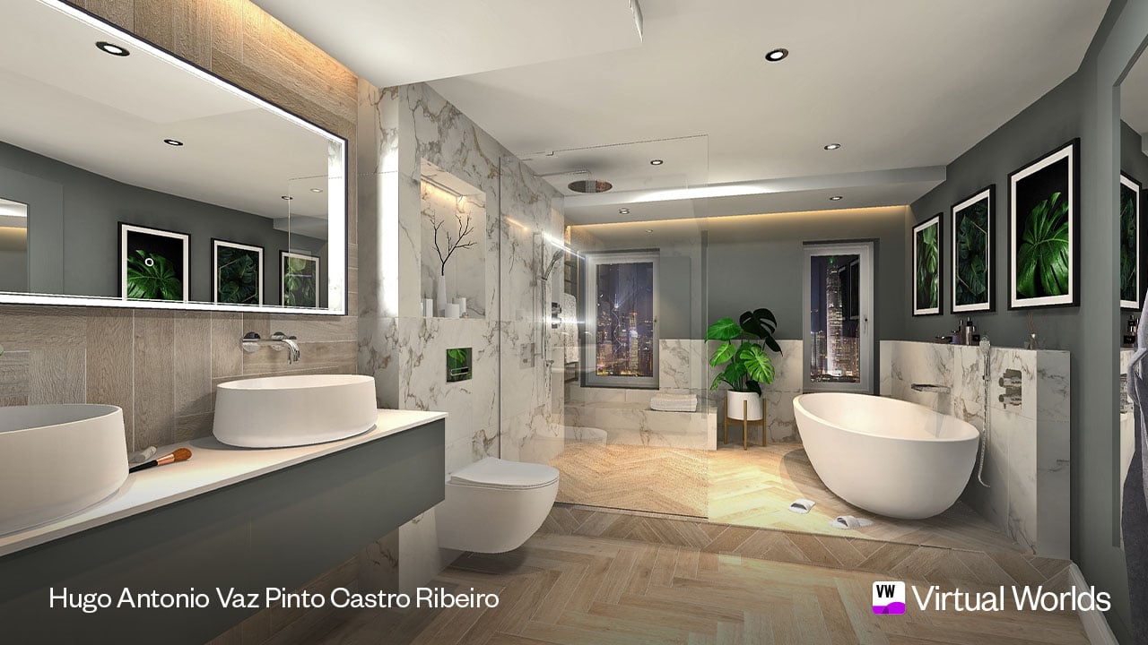 A luxurious bathroom render by Hugo Antonio Vaz Pinto Castro Ribeiro for Virtual Worlds, featuring a freestanding bathtub, double-sink vanity, marble walls, and wooden flooring. The design is accentuated with vibrant greenery, framed botanical artwork, and soft ambient lighting.