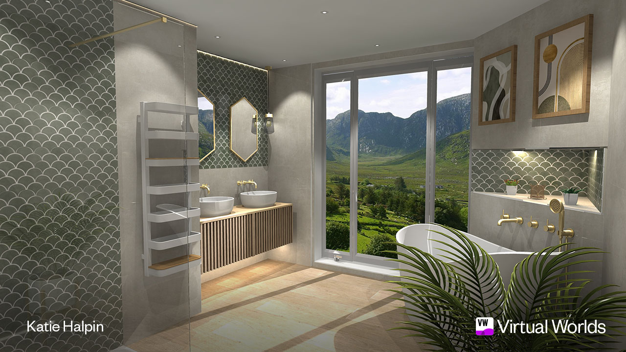 A contest-winning Virtual Worlds render by Katie Halpin, showcasing a scenic bathroom with floor-to-ceiling windows, a double-sink vanity, and decorative green accent tiles