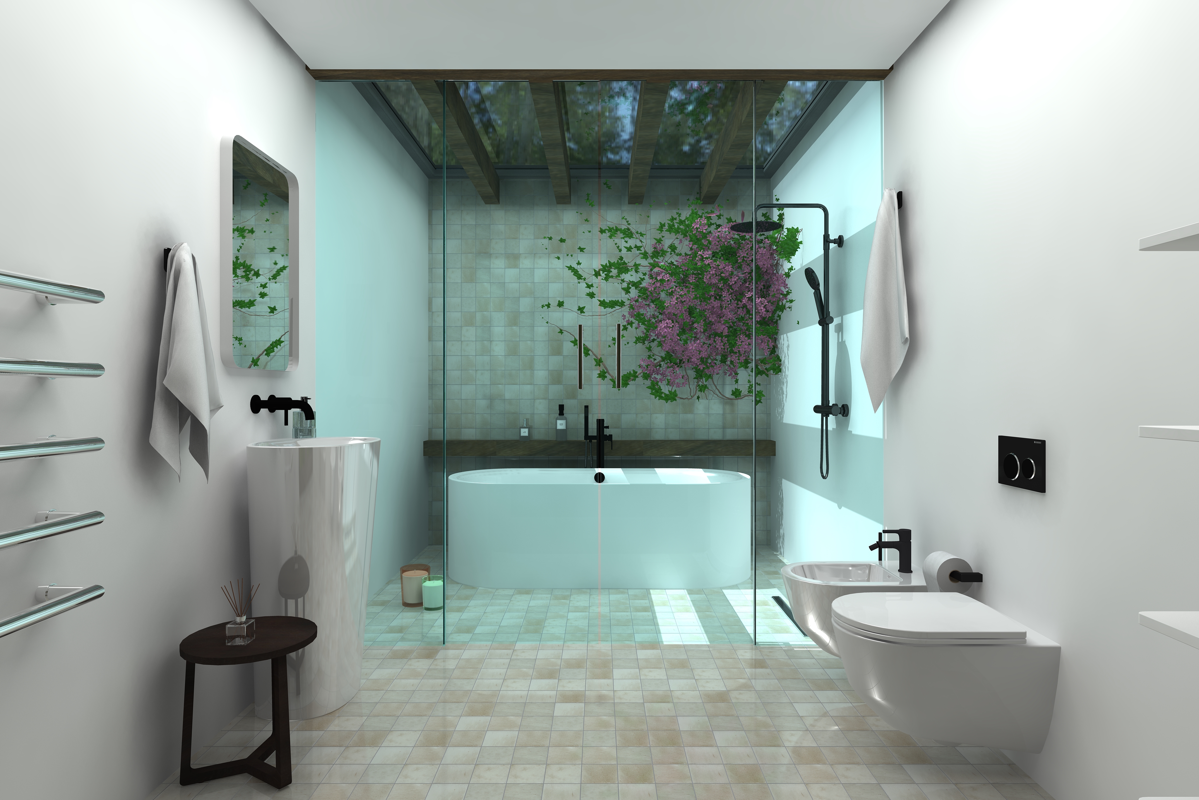 A Virtual Worlds render of a minimalist bathroom with a freestanding bathtub under a skylight, surrounded by nature-inspired tiles and floor-to-ceiling glass panels.