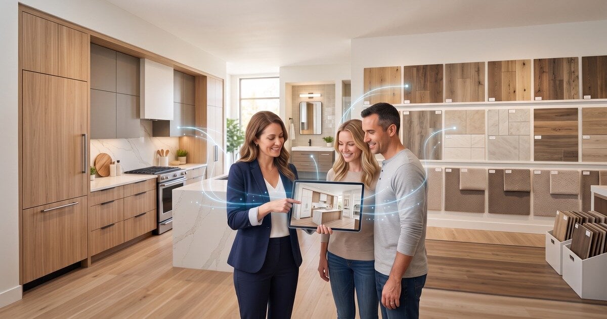 Design consultant showing a couple a 3D kitchen design on a tablet in a bright kitchen, bath and flooring showroom.