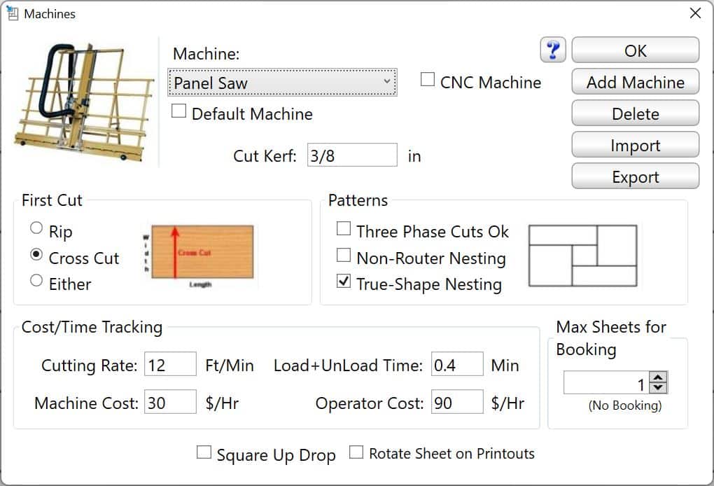 Panel saw machine software