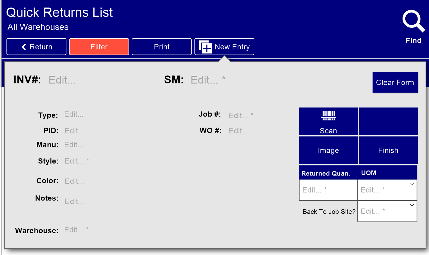 A JobRunner warehouse mobile quick returns screen allowing users to filter inventory, enter return details, scan barcodes, and update stock levels.