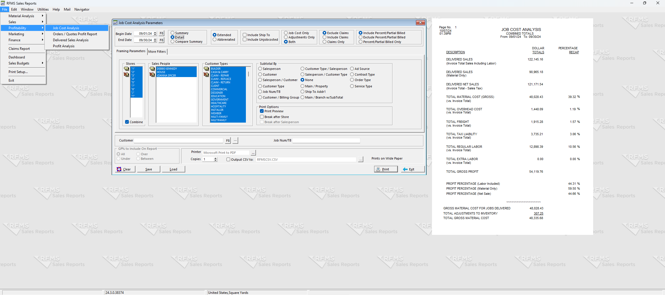 RFMS Sales Reporting screen showing job cost analysis parameters, including options to filter by salesperson, customer, and store. The report preview shows detailed sales, costs, and profit analysis for a specified date range.